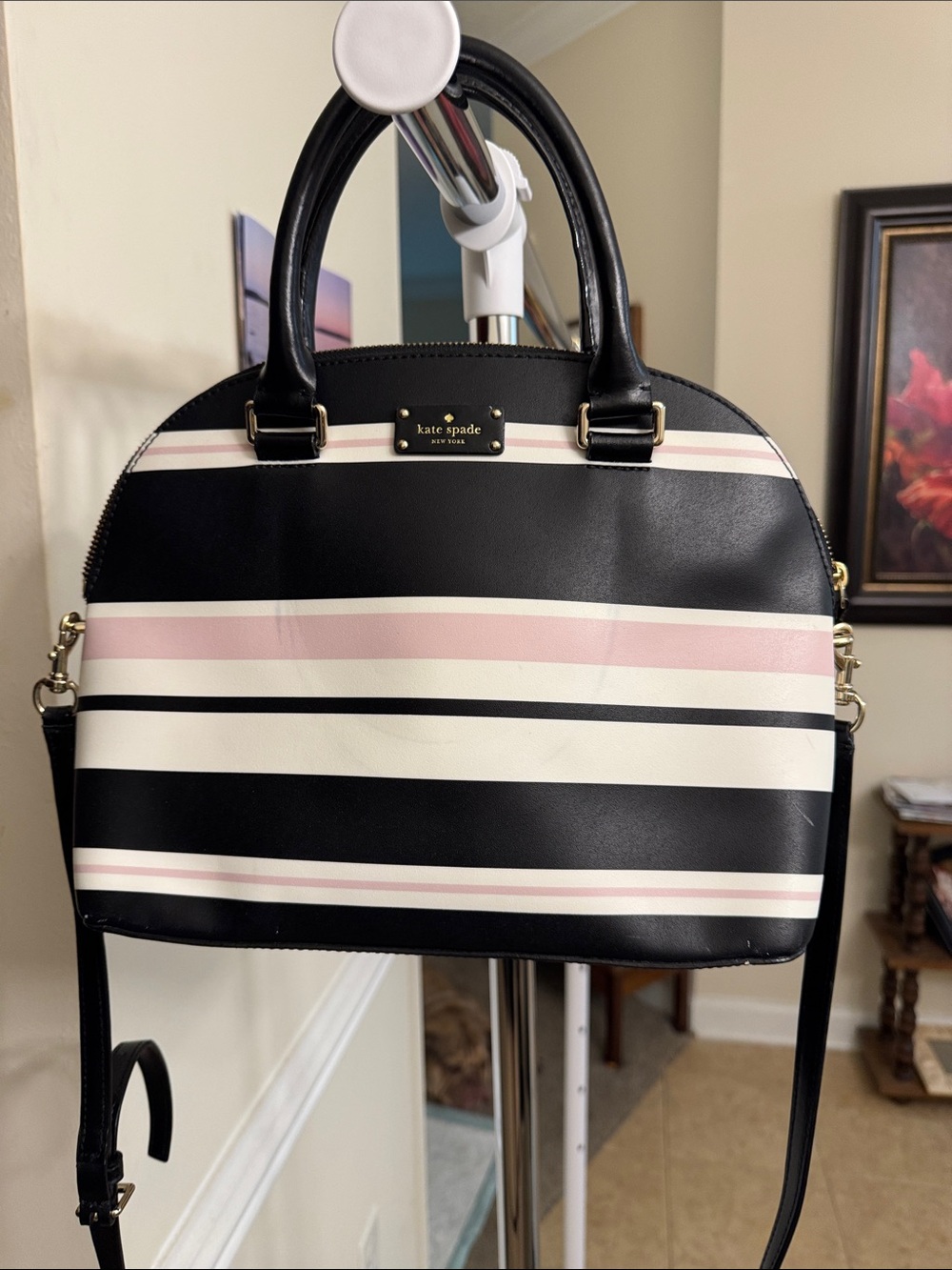 kate spade Black, Pink & Cream Striped Dome Satchel with matching wallet